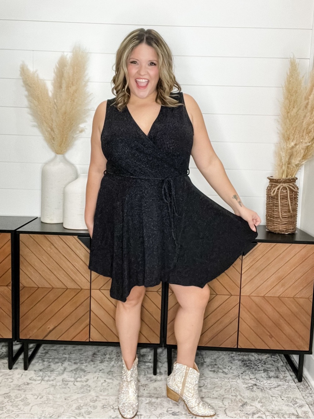 white birch Sparkly Black Sleeveless Wrap Romper with Tie Waist